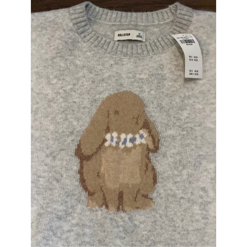 Hollister Bunny Graphic Sweater Light Gray Soft Knit Pullover Size Medium NWT - Picture 3 of 8